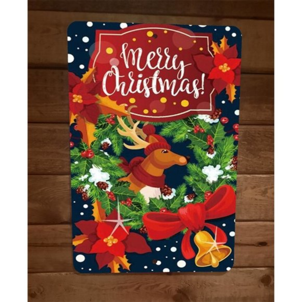 Merry Xmas Christmas Deer Wreath 8x12 Metal Wall‎ Sign Poster